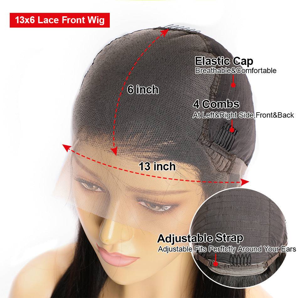 13x6 lace front real human hair wig with breathable elastic cap, adjustable strap, and 4 combs for secure fit