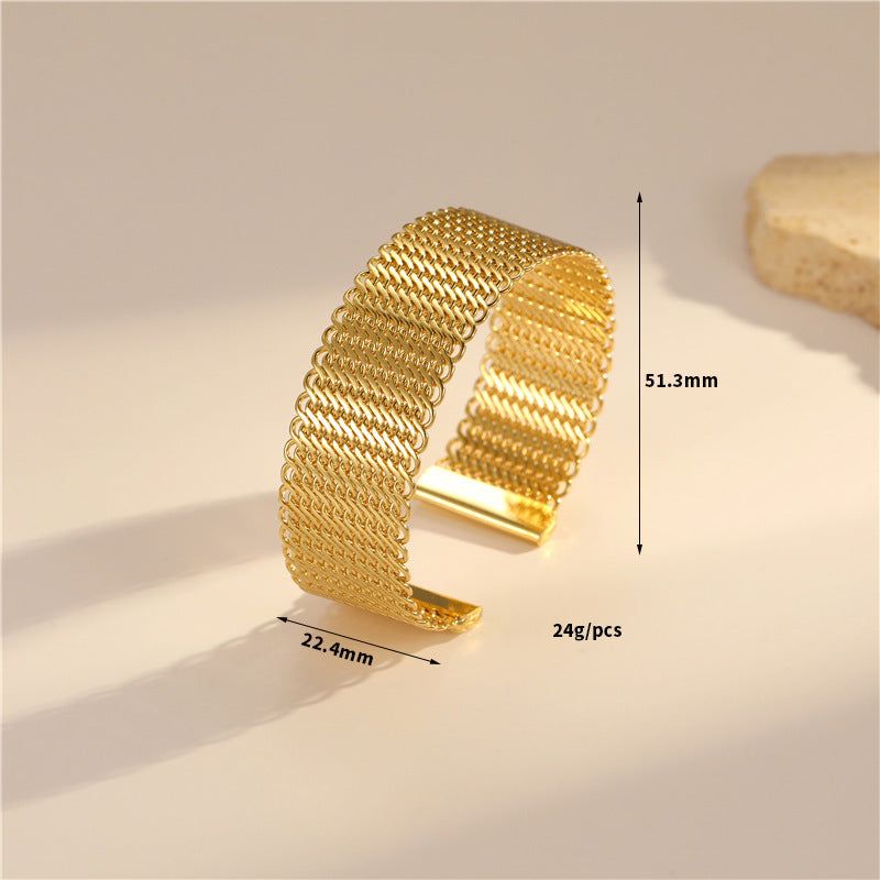 European and American style open-ended 14K gold plated cuff bracelet with textured design