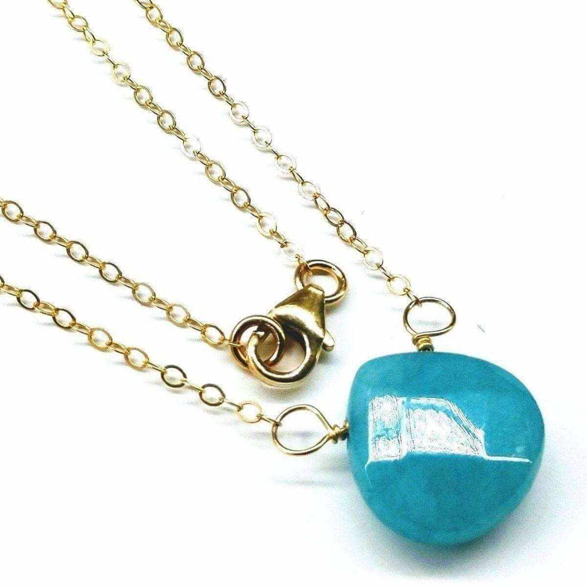 14Kt handcrafted gold necklace featuring aqua jade gemstone drop and lobster clasp closure.