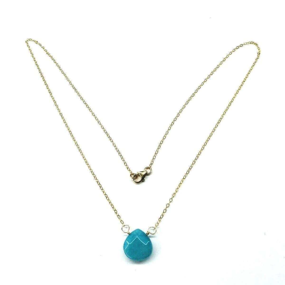 14Kt handcrafted gold aqua jade gemstone drop necklace with a blue-green gemstone and delicate cable chain.