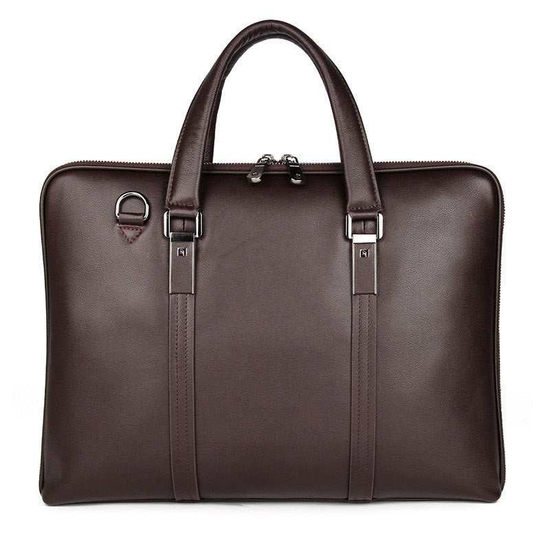 leather business briefcase in dark brown with sturdy handles and zipper closure, perfect for professionals.