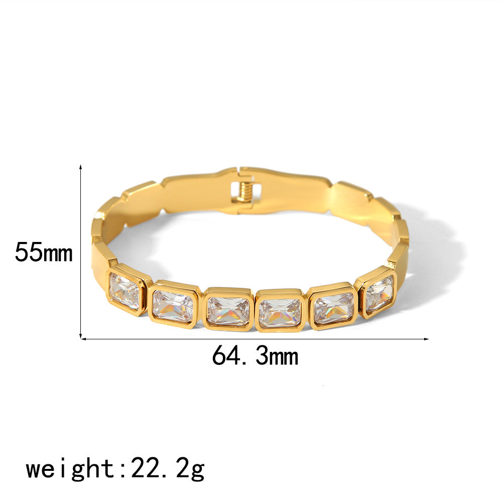 18K gold inlaid zircon stainless steel fashion bracelet with rectangular stones and electroplated finish