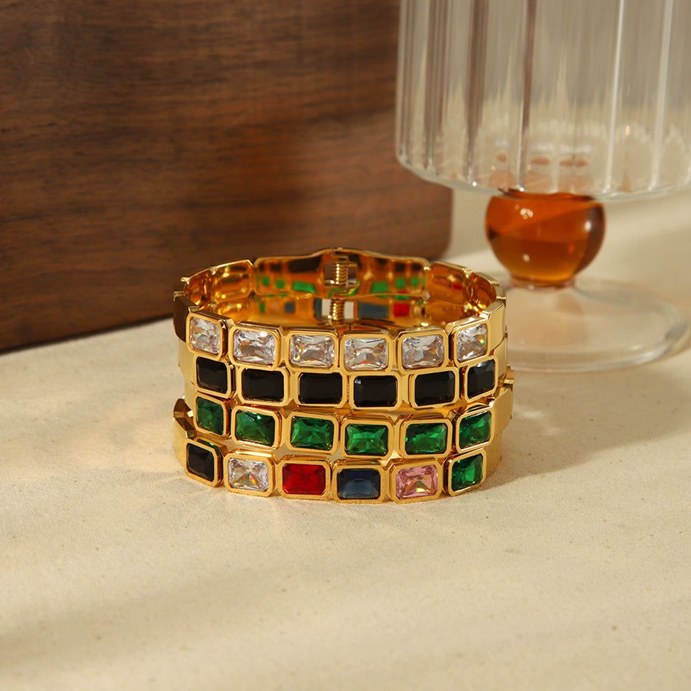 18K gold inlaid zircon stainless steel fashion bracelet with multicolor square stones and electroplating finish