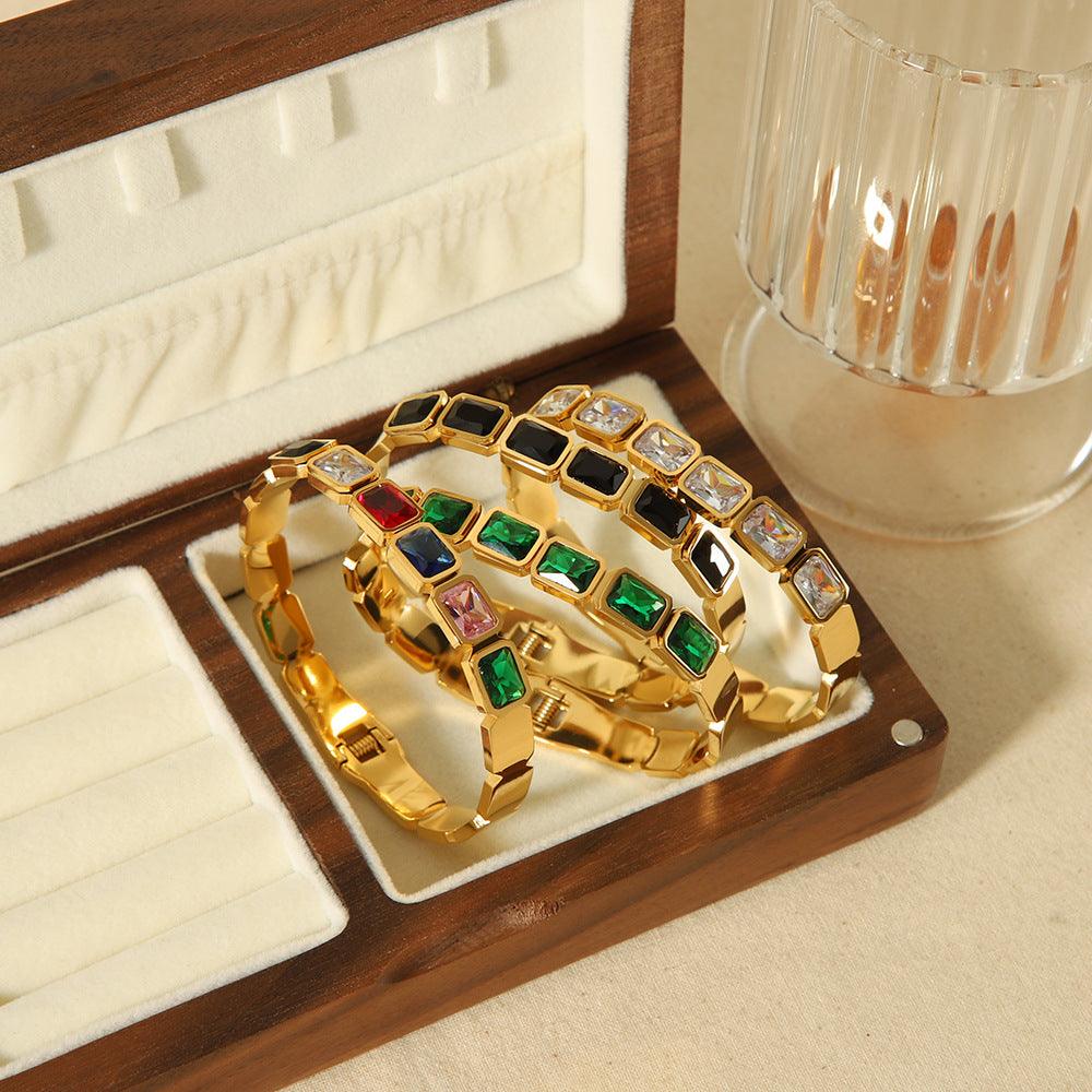 18K gold inlaid zircon stainless steel fashion bracelets in multiple colors in wooden jewelry box