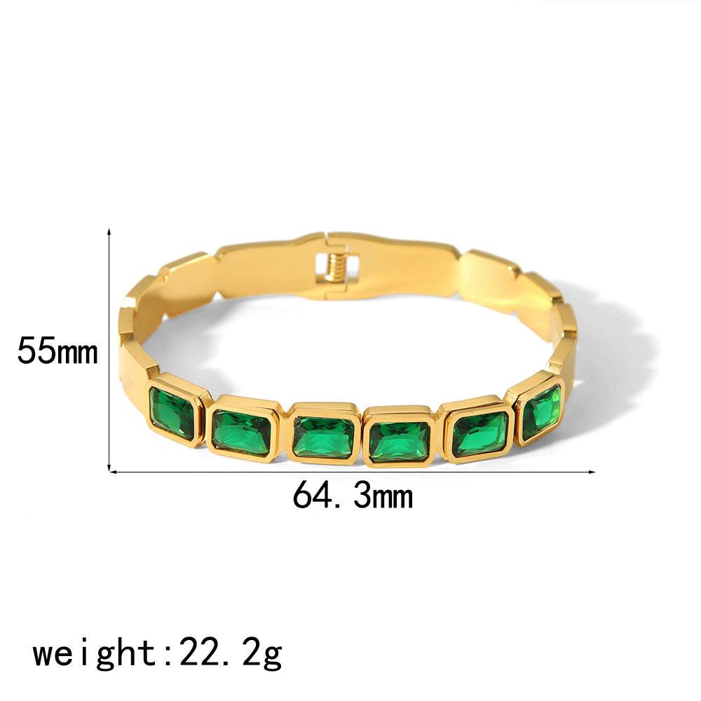 18K gold inlaid zircon bracelet with green stones electroplated stainless steel fashion accessory
