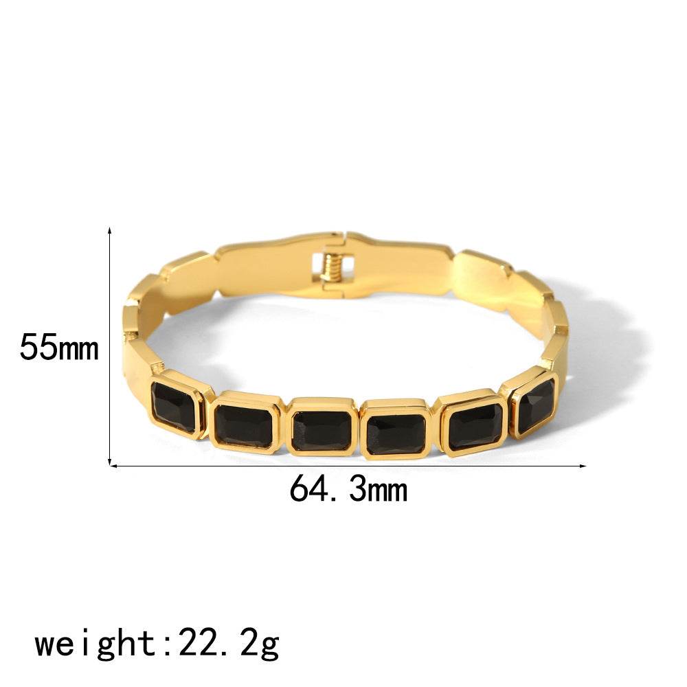 18K gold inlaid zircon fashion bracelet with black stainless steel round links, 64.3mm length and 55mm width, 22.2g weight