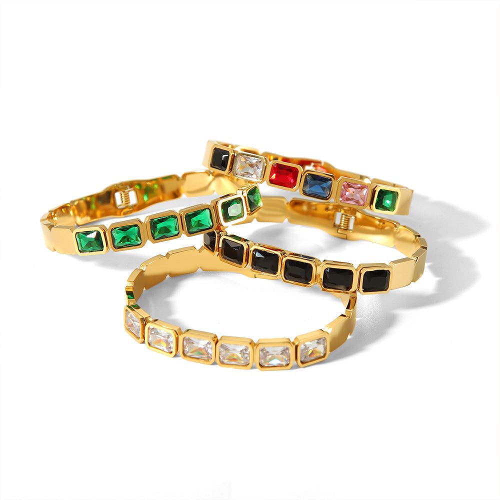 18K gold inlaid zircon bracelets with colorful square stones set in stainless steel bands