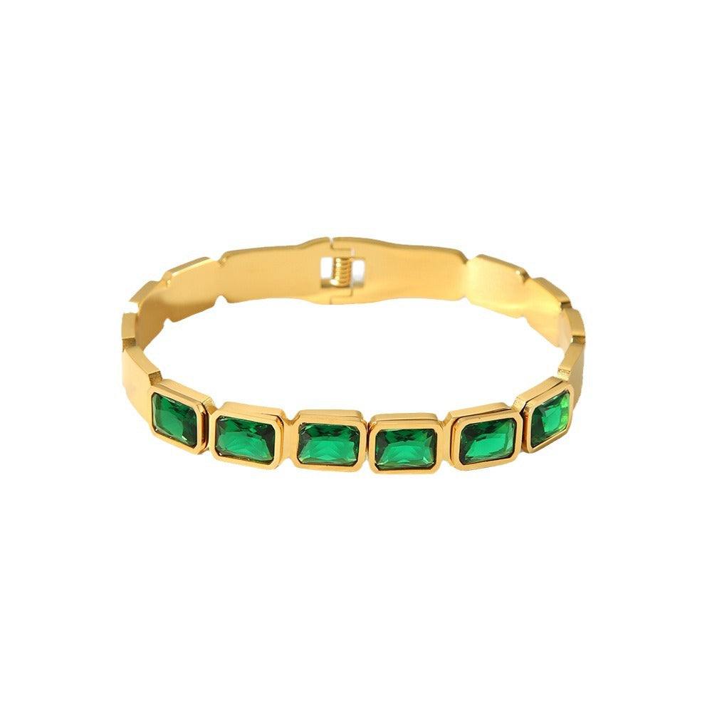 18K gold inlaid zircon bracelet with green stones and stainless steel electroplated band