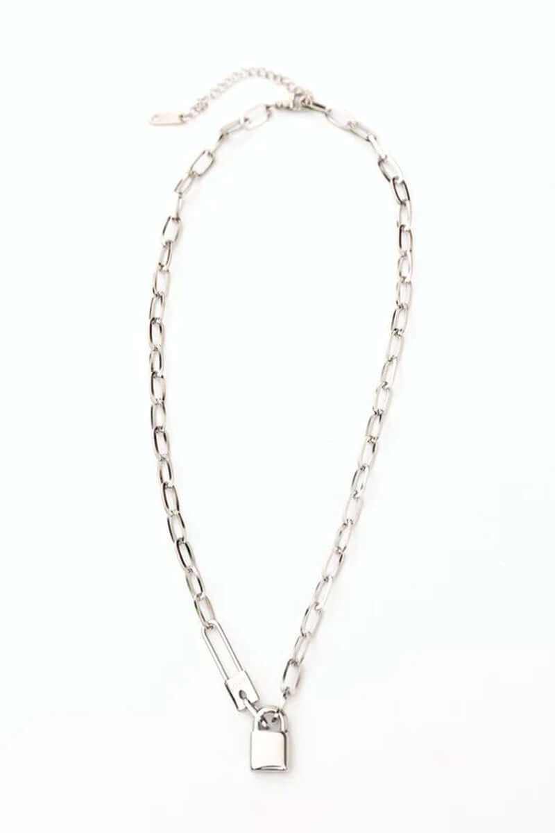 18K stainless steel lock and clip chain necklace with lobster clasp, tarnish resistant and waterproof, 16.5" length.