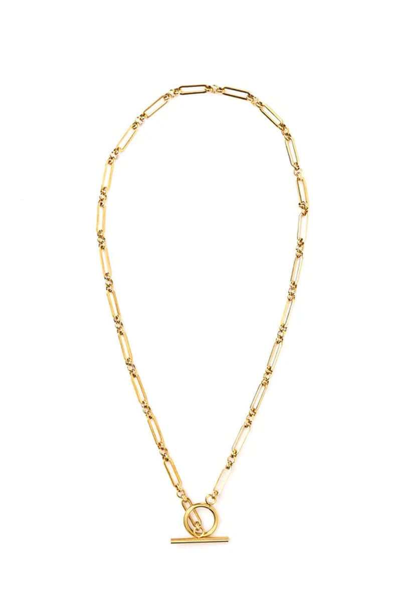 18K stainless steel toggle chain necklace, tarnish resistant, gold plated, stylish everyday accessory.