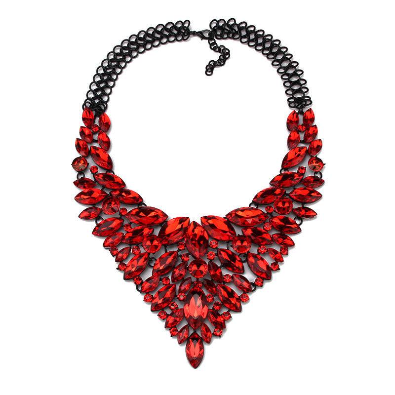 Red diamond-studded alloy necklace with water drop-shaped crystals and black chain design