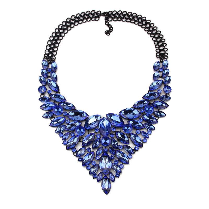 Blue diamond-studded alloy necklace with water drop shape design for women