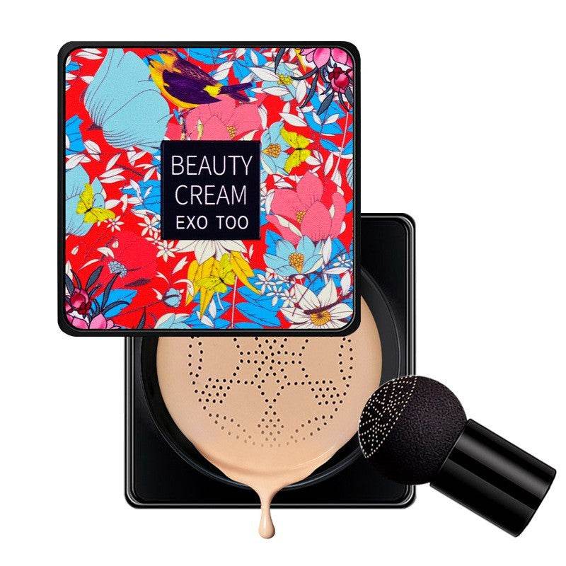 3-in-1 Makeup Base full coverage cushion foundation with brush and vibrant floral compact design