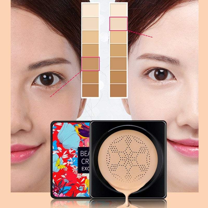 3-in-1 makeup base full coverage cushion compact with color shades and brush showing before and after skin coverage on woman's face