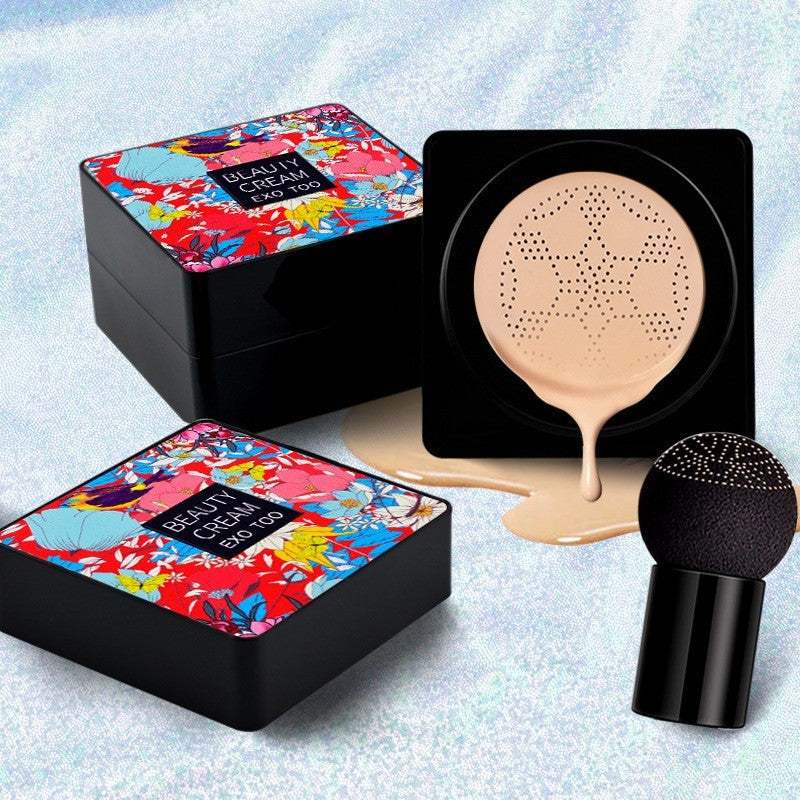 3-in-1 Makeup Base full coverage cushion foundation with natural ivory white shade and included brush