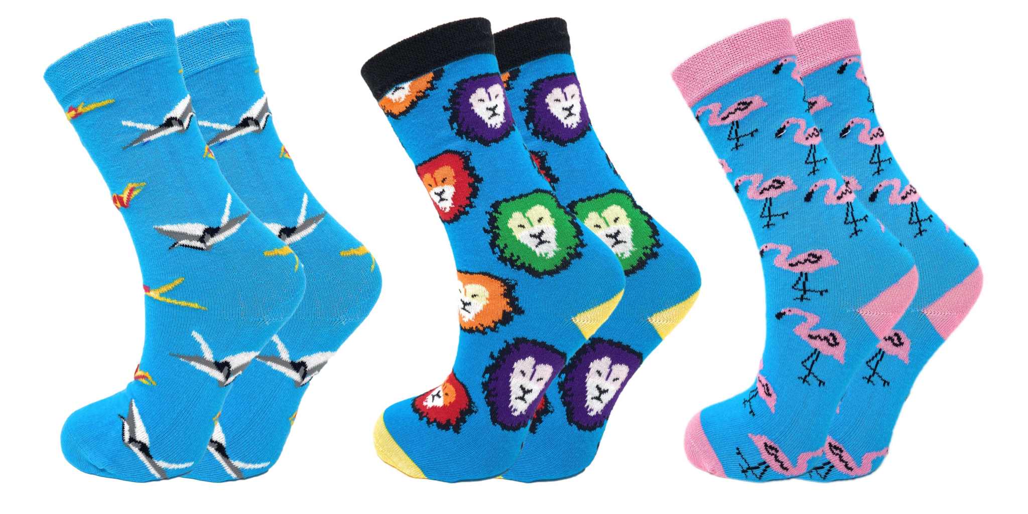 3 pairs of colorful crew socks featuring flamingos, lions, and birds in a breathable cotton blend.