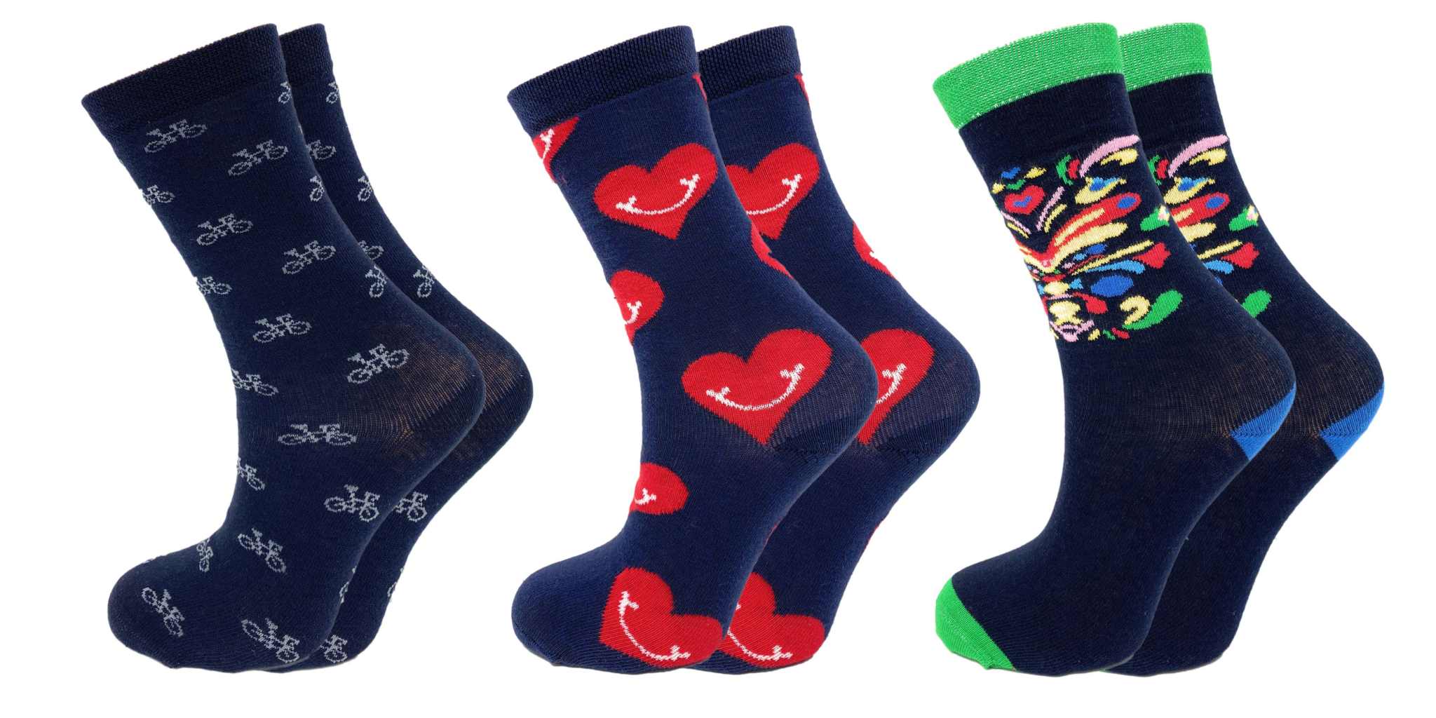Colorful crew dress socks featuring bike, heart, and novelty patterns in a soft cotton blend for men and women.