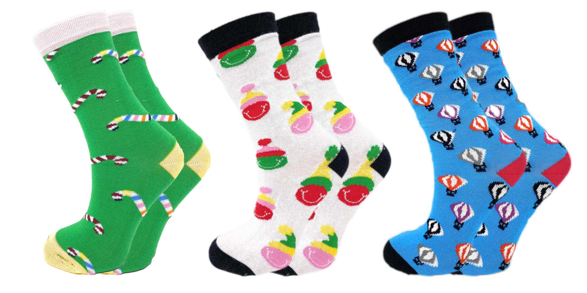 Colorful crew socks set featuring candy canes, festive ornaments, and hot air balloons in vibrant patterns.