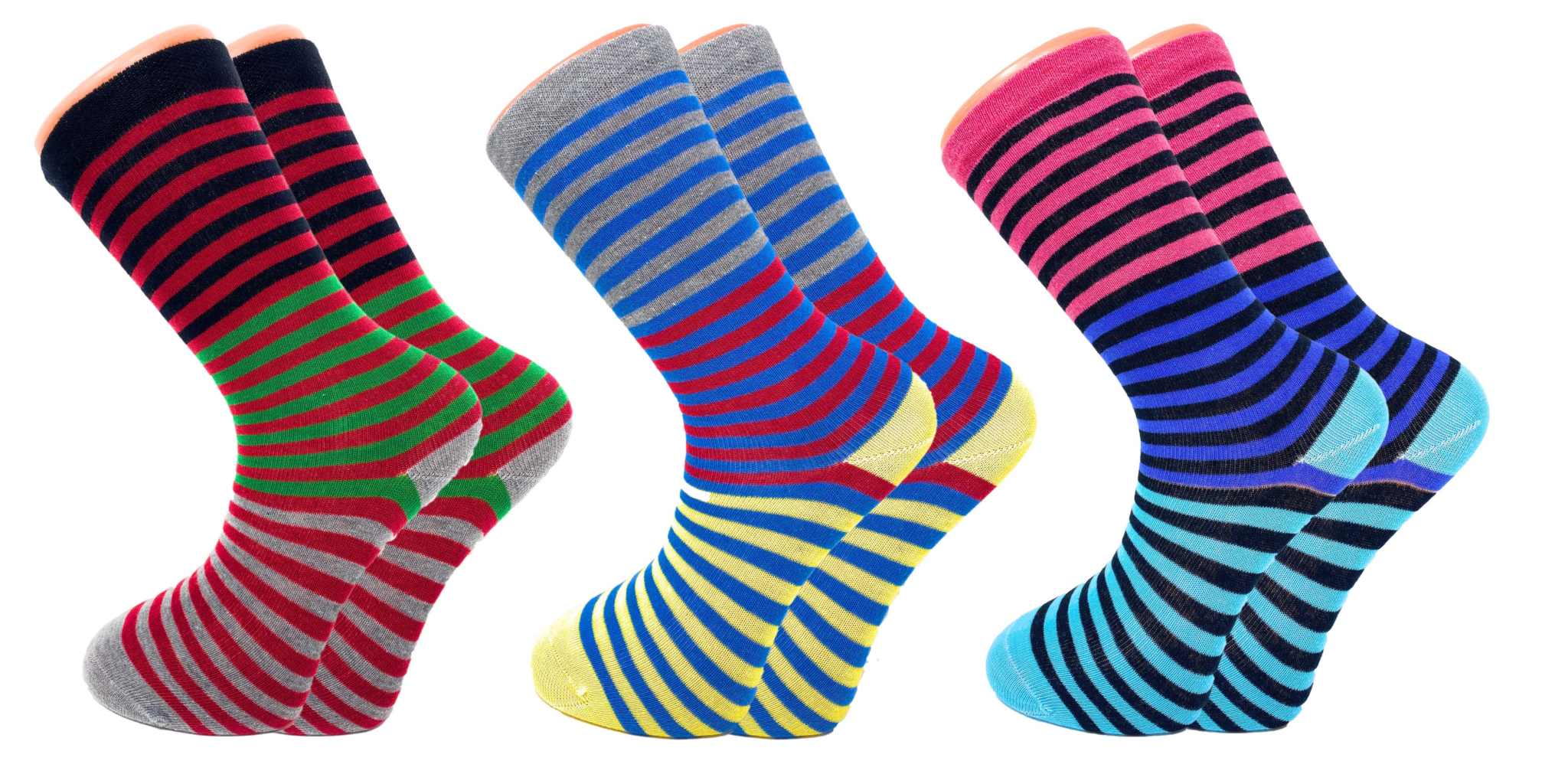 3 pairs of colorful striped crew socks in green, blue, yellow, and pink for men and women, made from soft cotton blend.