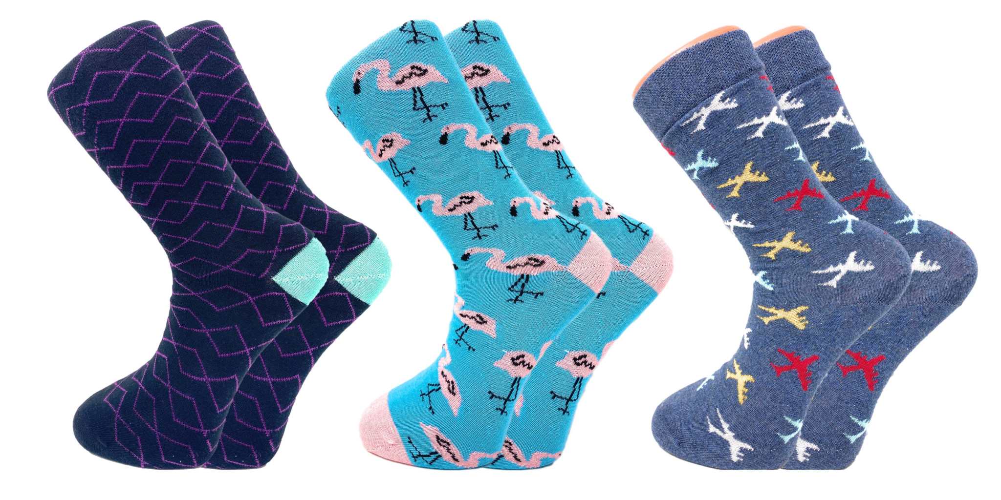 Three pairs of colorful crew dress socks: patterned flamingos, geometric designs, and airplane motifs for men and women.