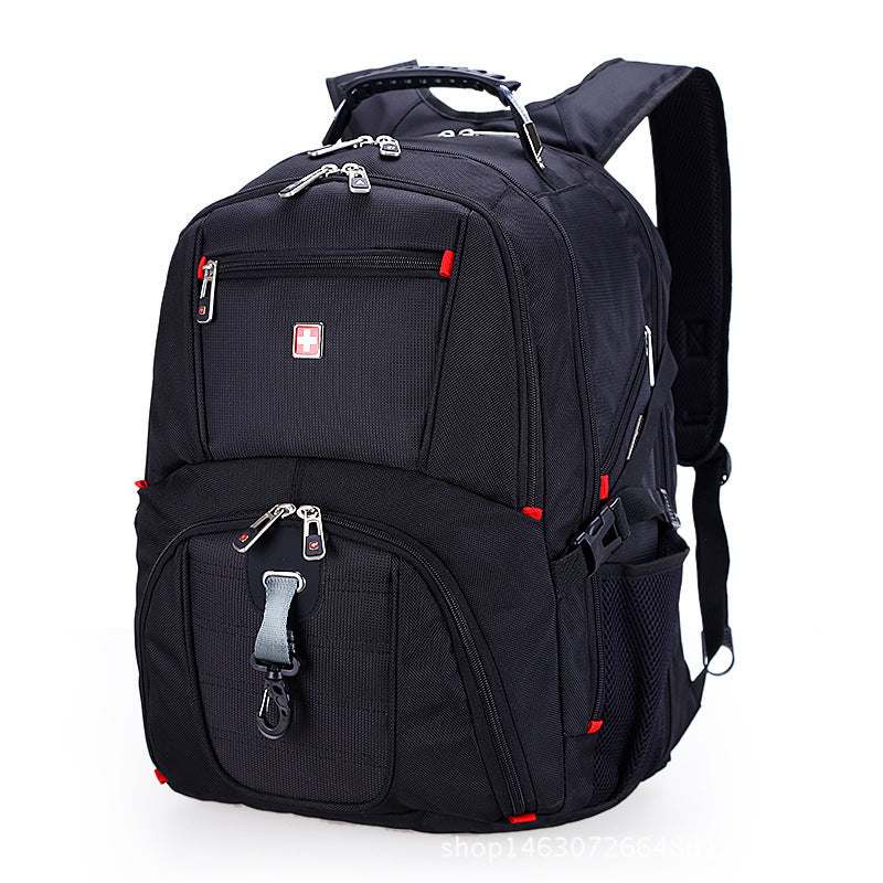 Large capacity computer backpack in black with multiple compartments and zipper closures for organization.