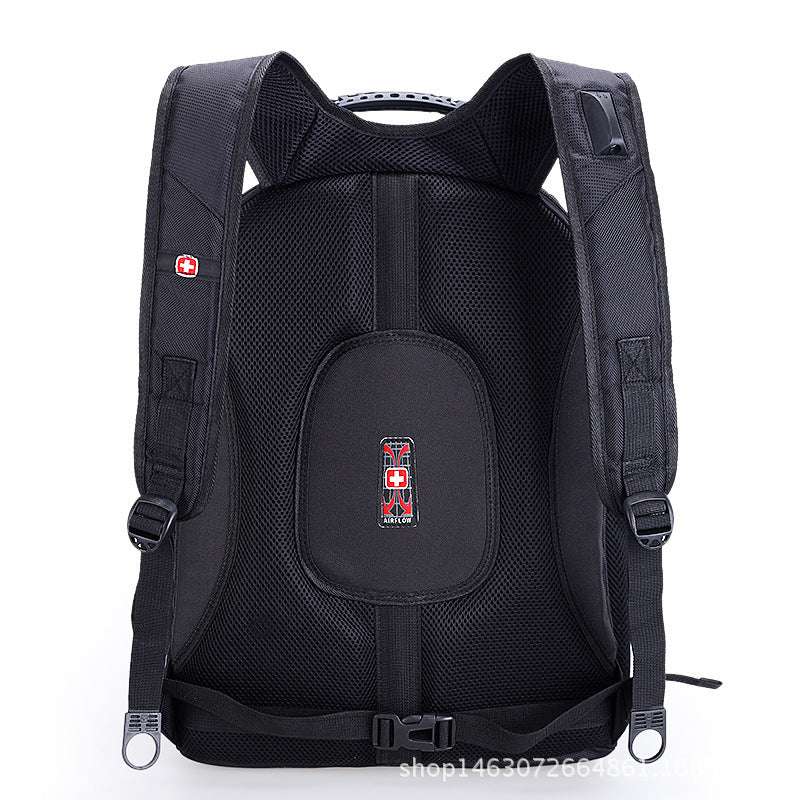 Large capacity computer backpack featuring padded mesh back and adjustable straps for comfort.
