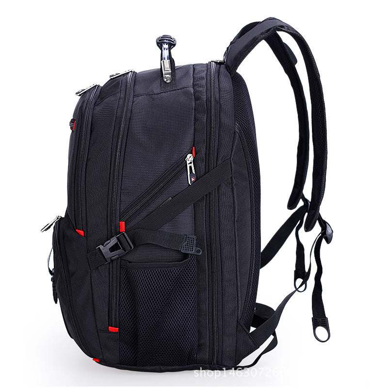 Large capacity computer backpack in black with multiple zippered pockets and adjustable straps.