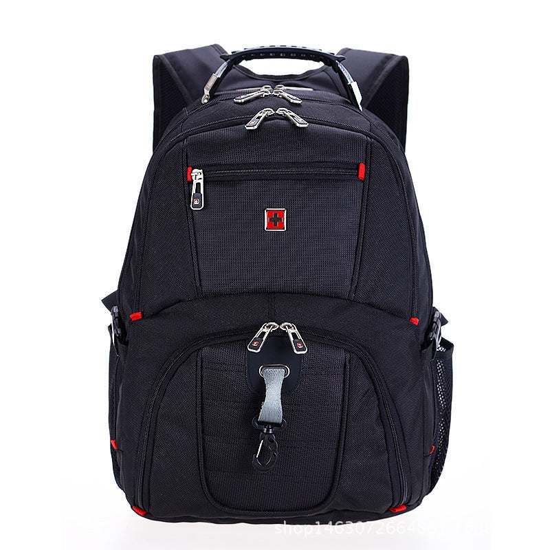 Large capacity computer backpack made of durable Oxford cloth with multiple compartments and zipper openings.
