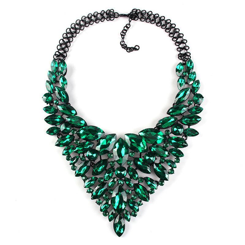 green diamond-studded alloy necklace with water drop shaped stones and black chain for women