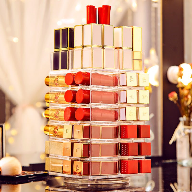 360-degree rotating clear lipstick storage box with multiple compartments for desktop cosmetic organization