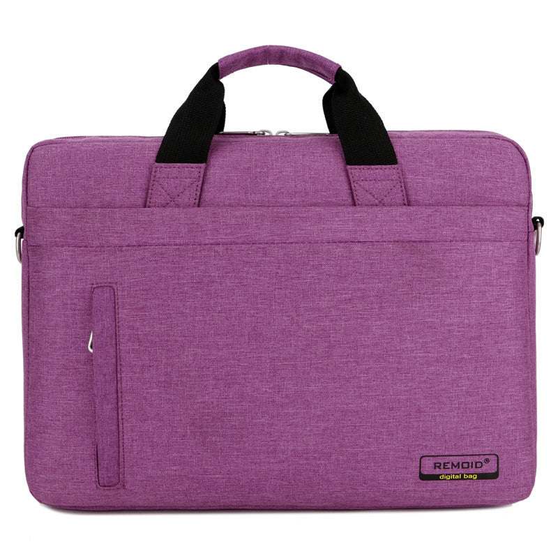 Waterproof shoulder bag for laptops in purple, featuring dual handles and front zip pocket, suitable for digital devices.