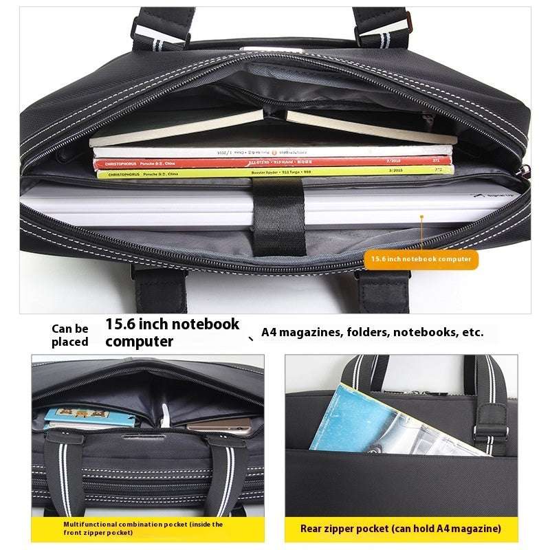 Large capacity men's laptop bag interior showing storage for 15.6 inch notebook, A4 magazines, folders, and notebooks.