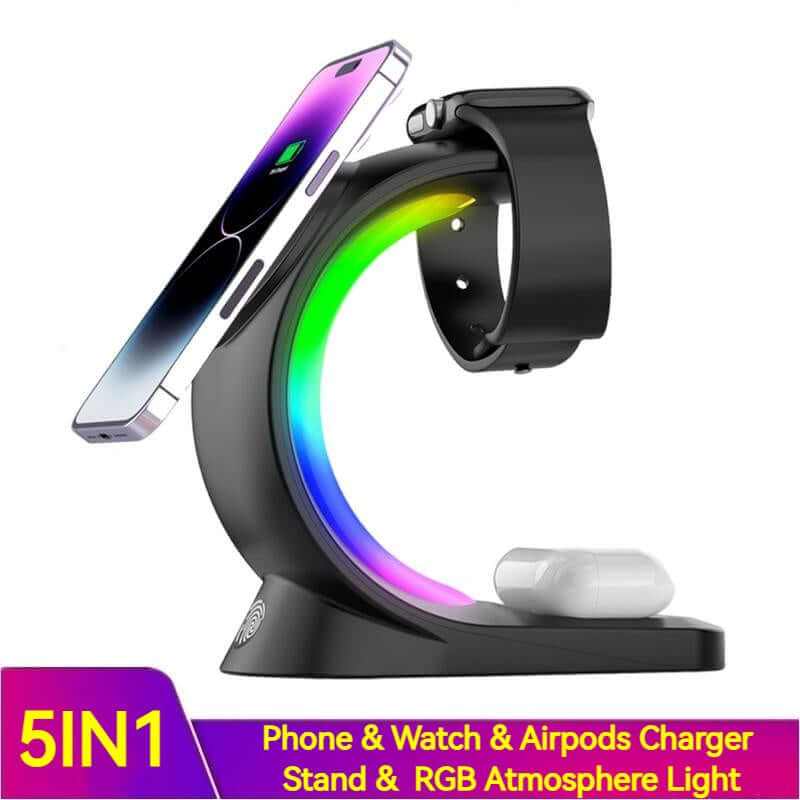 5-in-1 magnetic wireless charger for phone, watch, and AirPods with RGB atmosphere light, stylish design.