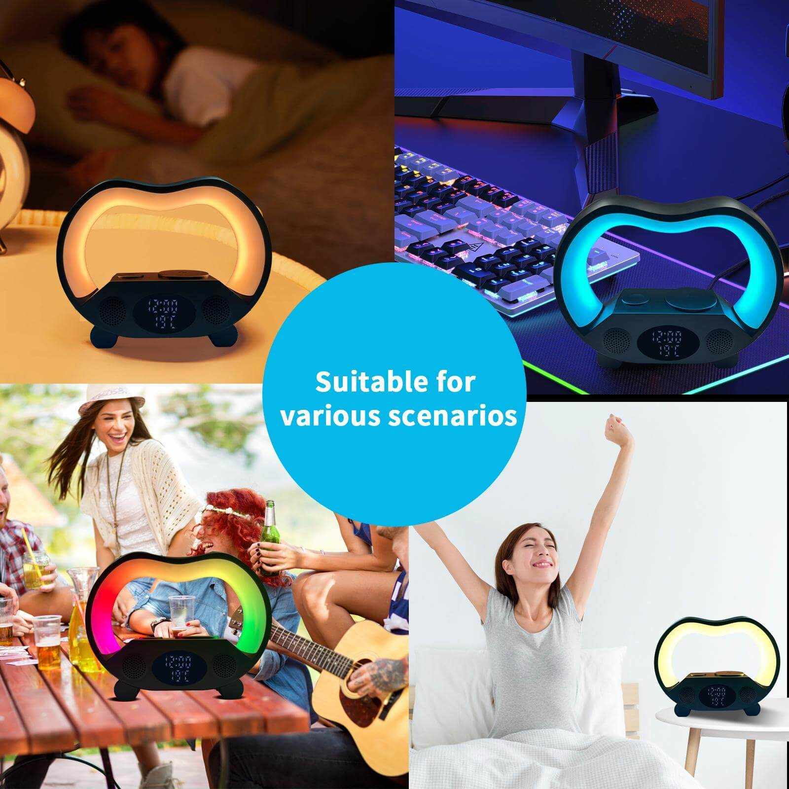 6 in 1 wireless charging night light and speaker in various settings, showcasing versatility for home, gaming, and outdoor use.