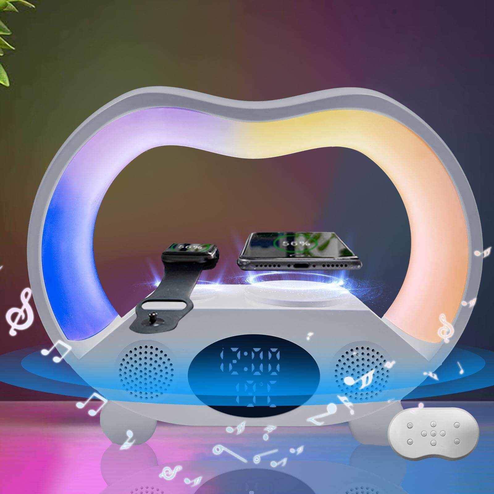 6 in 1 wireless charging night light and speaker with colorful ambient lighting and remote control, perfect for bedroom decor.