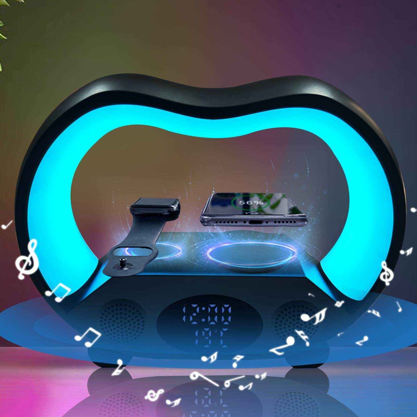 6 in 1 wireless charging night light speaker with glowing blue accents, perfect for home and bedroom use.