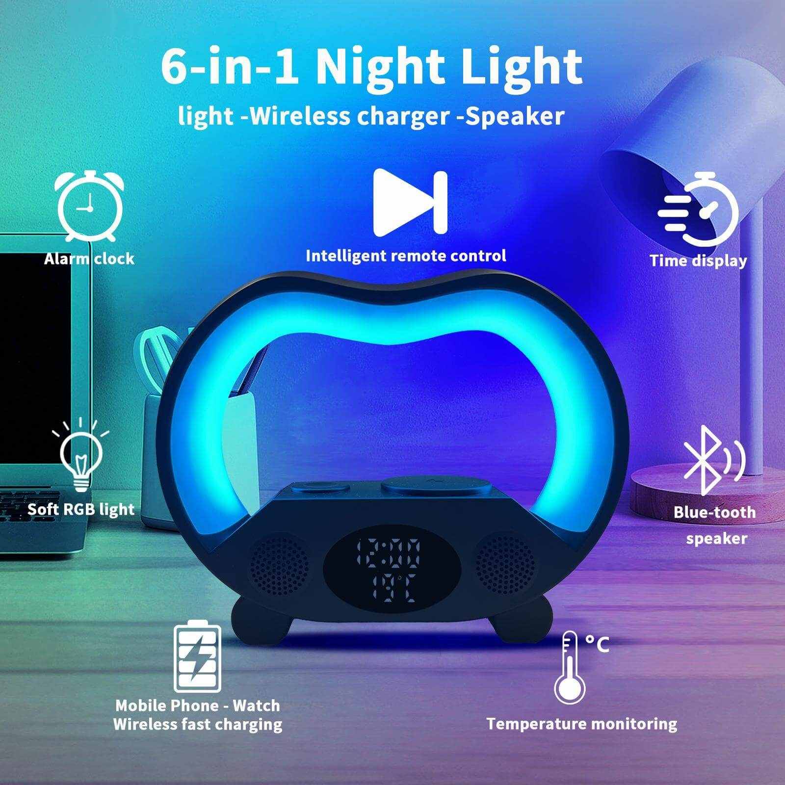 6-in-1 night light with wireless charger, Bluetooth speaker, alarm clock, and temperature monitoring features