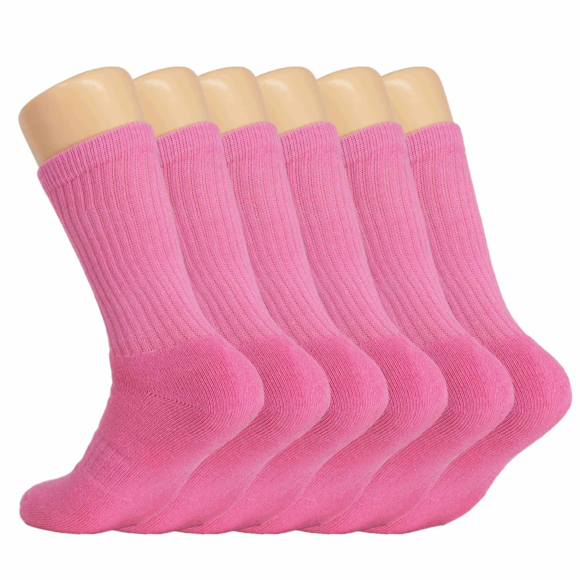 6 pairs of women's pink cotton crew socks with ribbed design, perfect for size 10-13, featuring terry cushion foot.