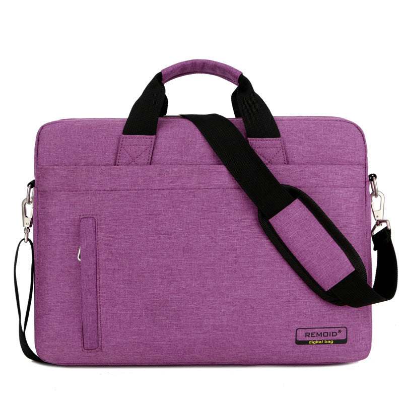 Waterproof shoulder bag for laptops in purple color, featuring durable nylon material and adjustable shoulder strap.