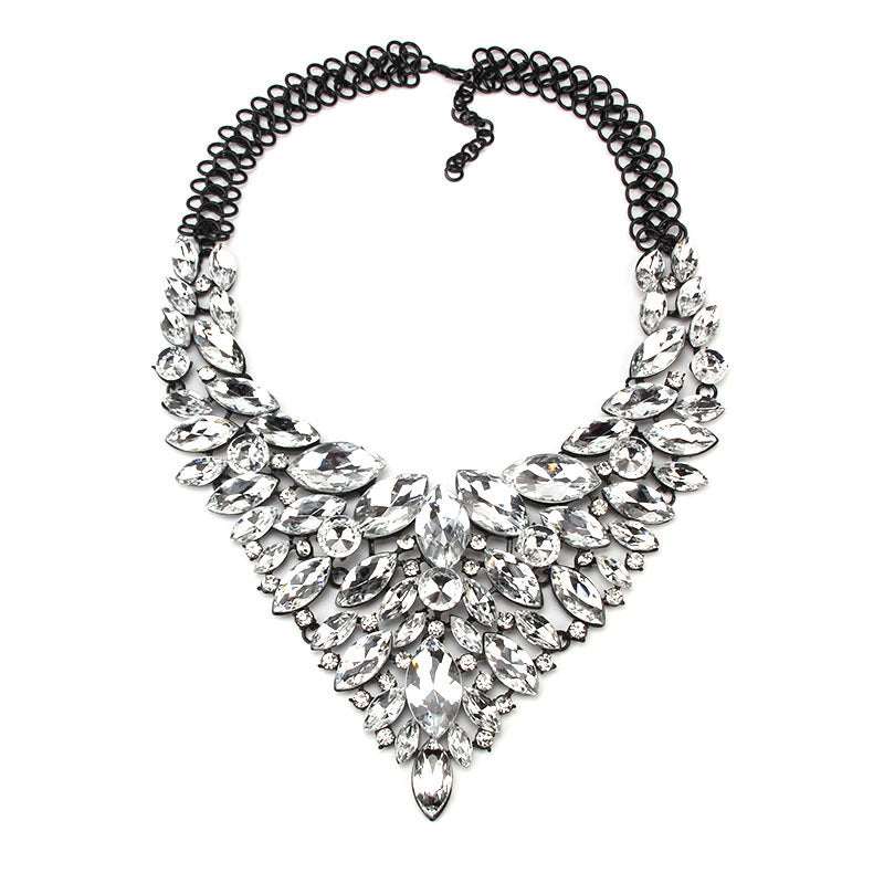 Diamond-studded alloy necklace with water drop shaped crystals and black chain for women