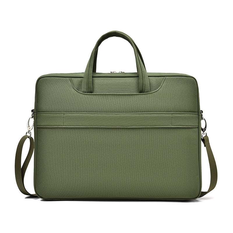 Large capacity laptop bag for men in green, featuring handle and shoulder strap, perfect for daily use.
