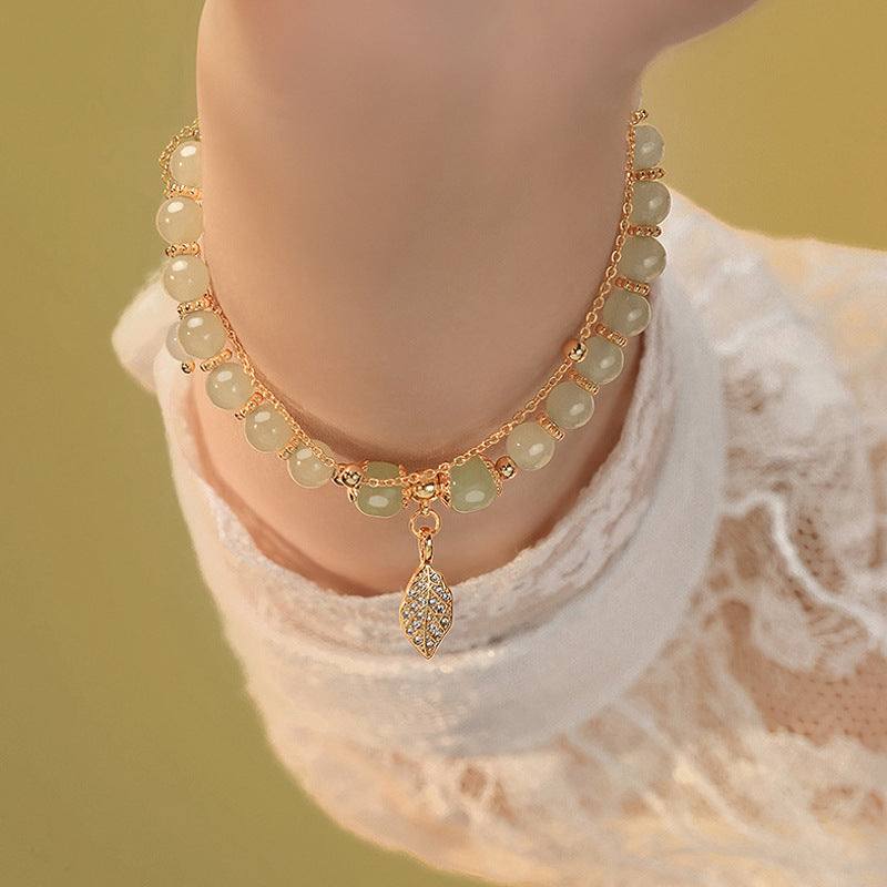 New Chinese Style Descendants Of The Rich women's bracelet with leaf charm and mixed materials, fresh style, manual processing