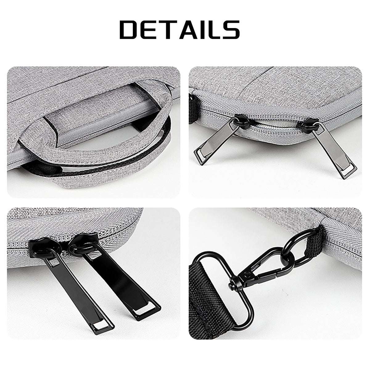 Close-up details of the laptop bag with shoulder strap, showcasing zippers and handles.