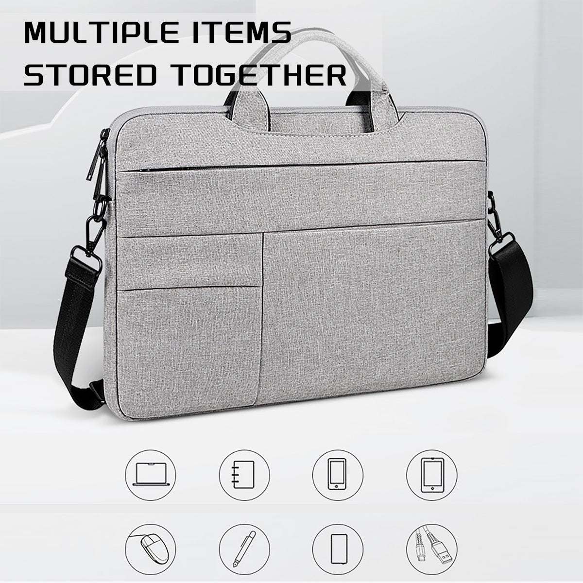 Stylish laptop bag with shoulder strap featuring multiple compartments for organized storage.