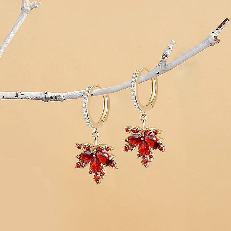 All-match fashion maple leaf shaped red gemstone earrings with gold electroplated alloy hoops
