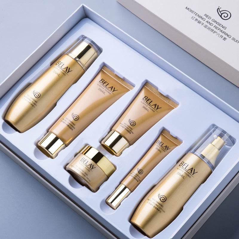 Anti-Aging Professional Skin Care gold cosmetic set with six moisturizing and brightening products in a box