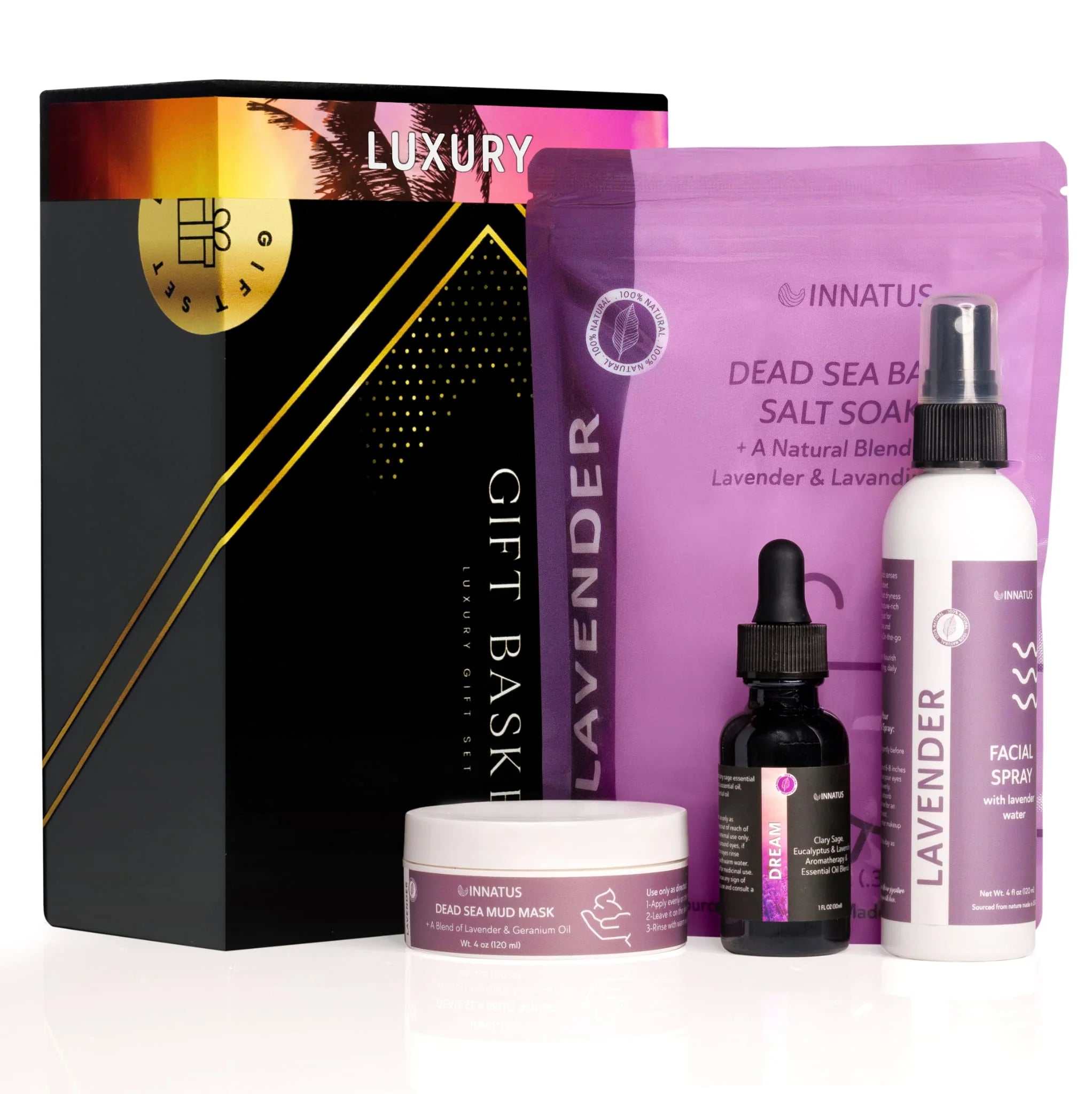 Luxury Aromatherapy Skincare Gift Box Set featuring Dead Sea salt soap, mud mask, and facial spray for ultimate self-care.