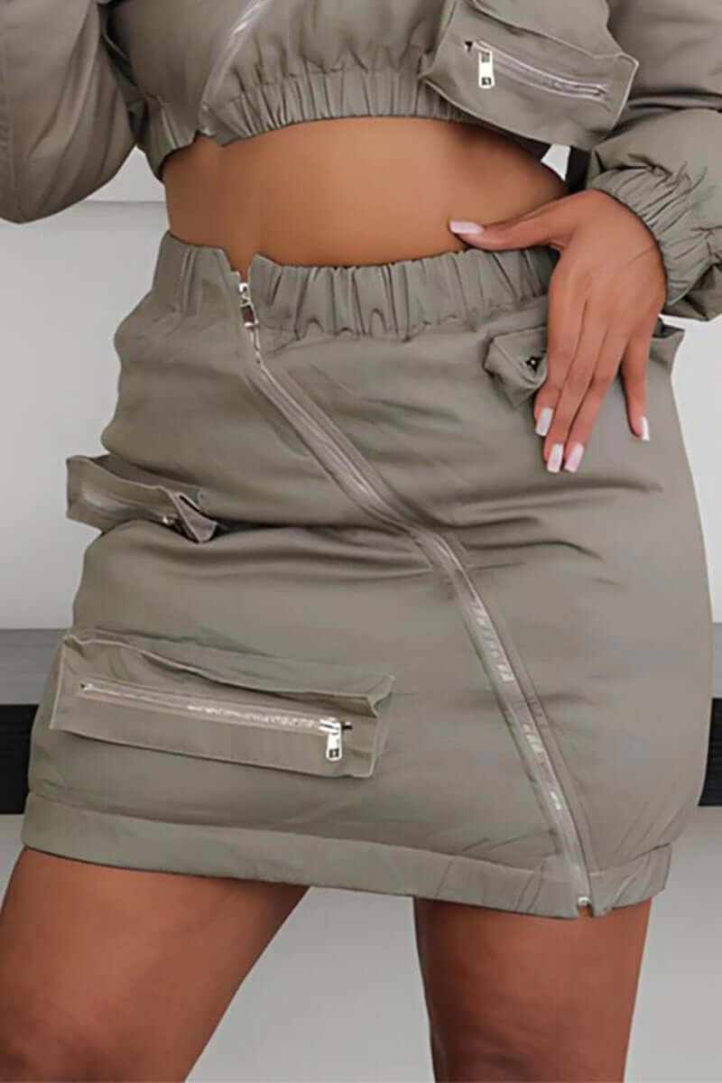 Athina Casual Zipper Puffer Skirt in olive green with zippered pockets, perfect for stylish casual outfits.