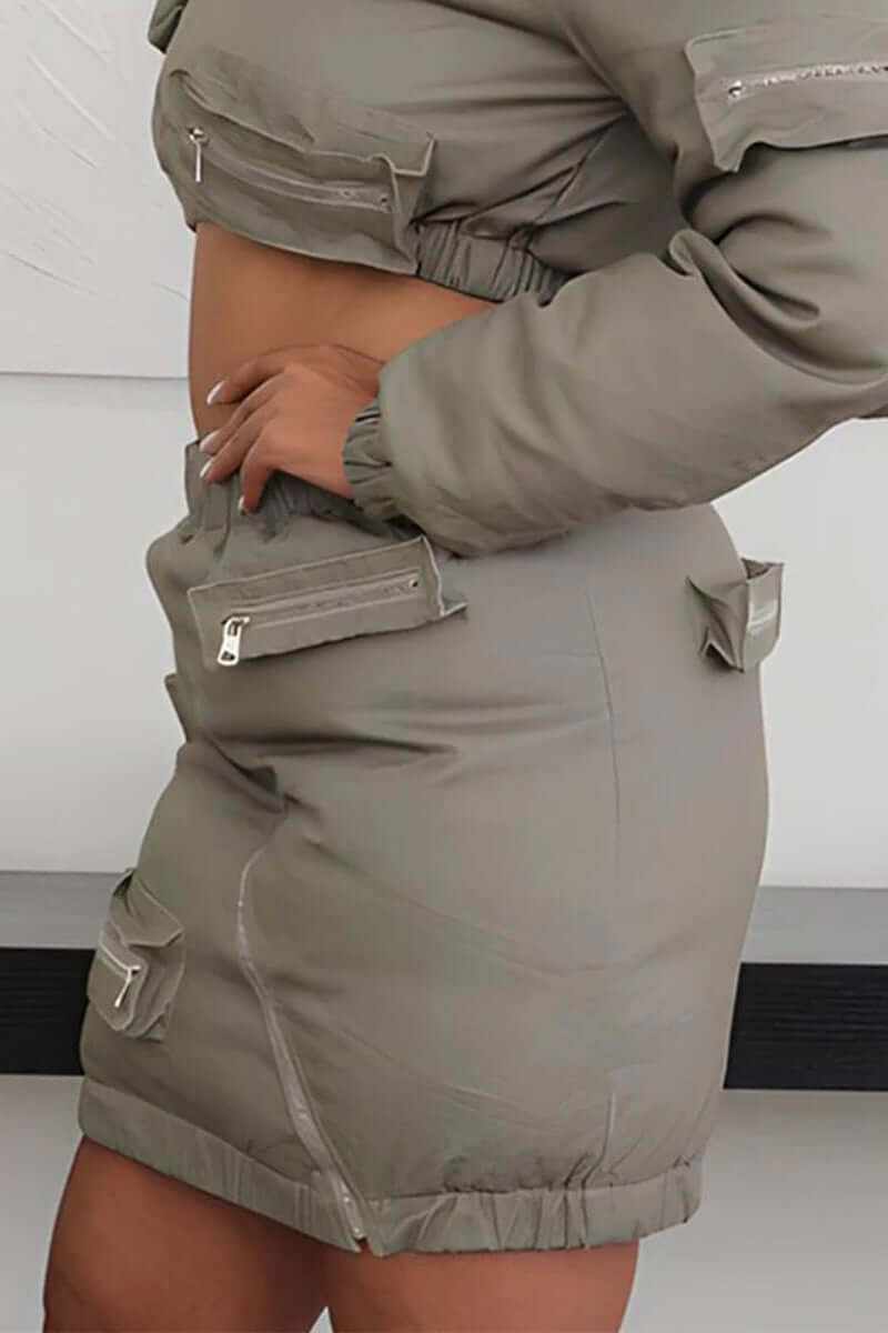 Athina Casual Zipper Puffer Skirt in khaki with multiple zippered pockets for a trendy, relaxed look.