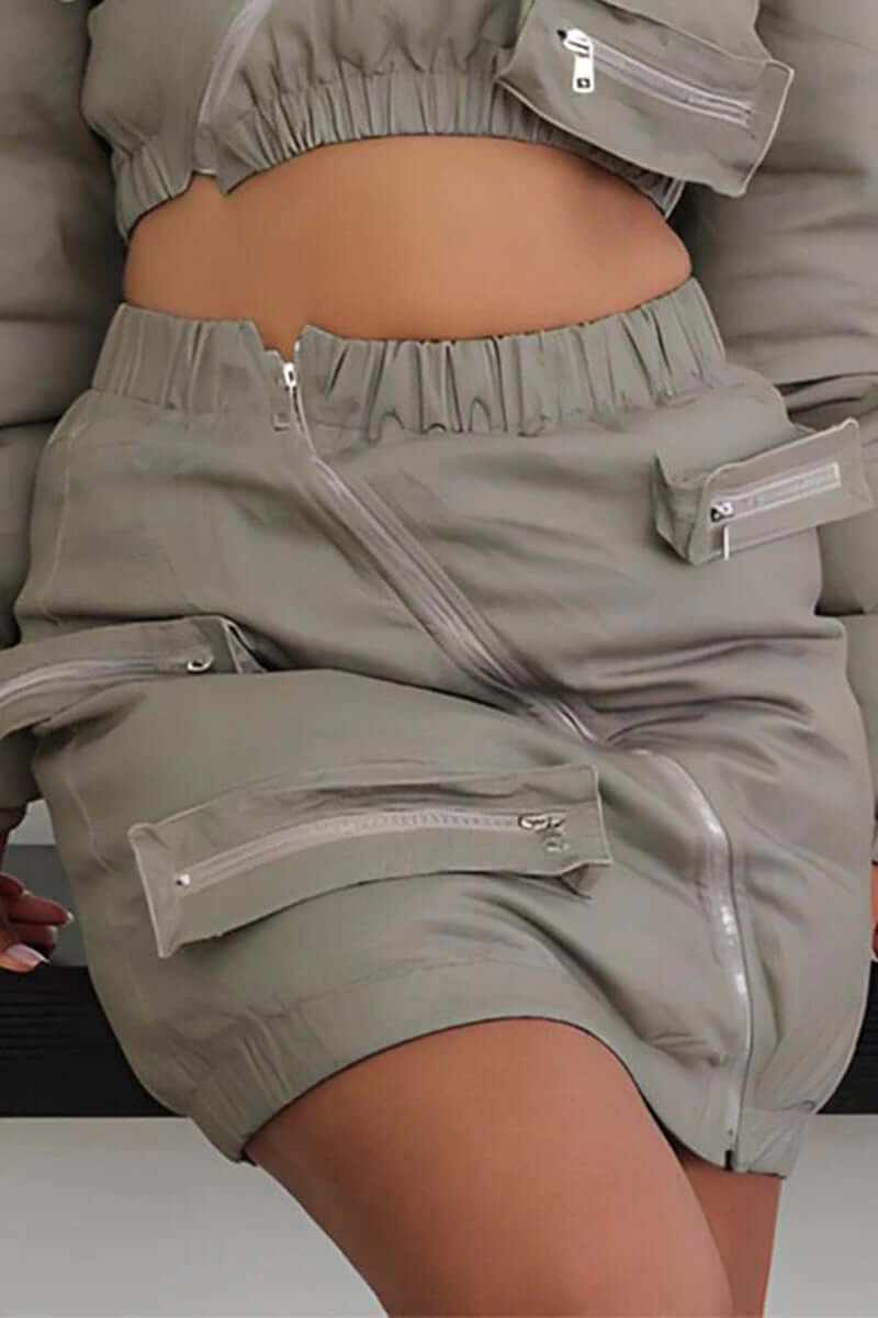 Athina Casual Zipper Puffer Skirt in light gray with stylish zipper pockets, perfect for casual outfits and trendy looks.
